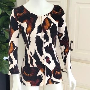 Zip Front Sweater White Brown Size L